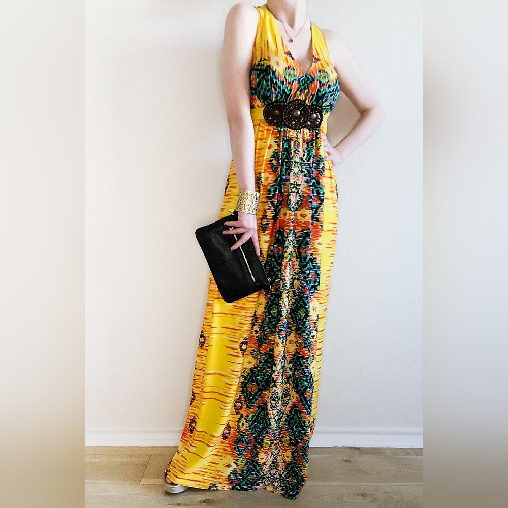 Beaded Yellow & Multicolor Maxi Dress, Size 8